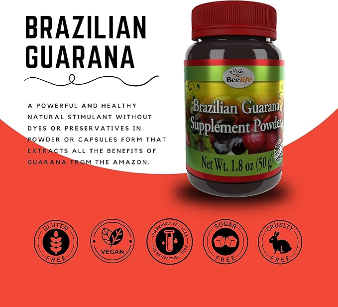 Beelife Brazilian Guarana Powder - Natural Caffeine Supplements from Brazil - Energy & Mental Focus, Muscle Strength Support - Zero Gluten, No Sugar Vegan Pre Workout for Men & Women - 50g