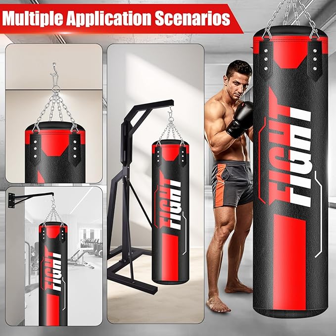 Hanging Punching Bag for Adults, 4ft PU Leather Heavy Boxing Bag Set, Hanging Bag Boxing Equipment for MMA Karate Kickboxing Boxing Home Gym