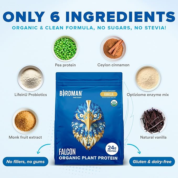 BIRDMAN Falcon Vegan Protein Powder Organic, Stevia & Sugar Free, Plant Based Protein, Low Carb, Dairy Free, Keto, Non Whey Protein, Probiotic, Pea Protein | Vanilla Flavor - 60 Servings - 3.9 lb
