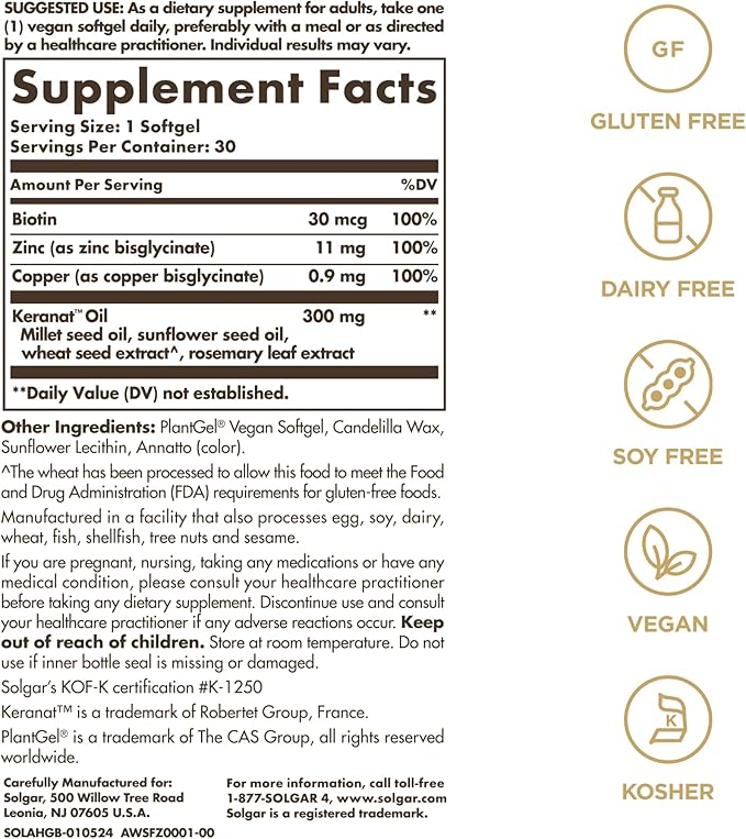 Solgar Hair Growth Age-Defying Nutrition For Men & Women—Thicker Fuller Hair Growth with Keranat Oil, Biotin, Zinc and Copper - One Softgel Daily, Vegan, Dairy, Soy and Gluten Free, 30 Servings