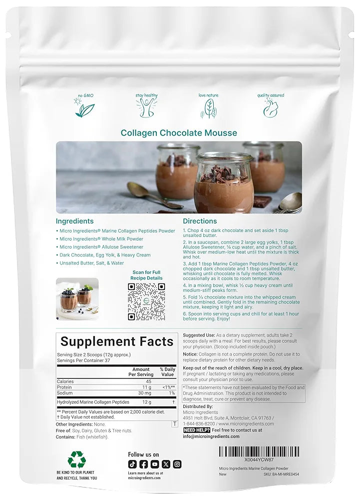 Micro Ingredients Marine Collagen Peptides Powder, 1 lb | Type I Marine Collagen + Natural Protein | Wild-Caught Fish Source | Unflavored | Supports Hair, Skin & Joint Health | Pescatarian, Non-GMO