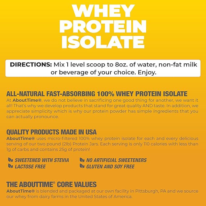 About Time Whey Isolate Protein, Non-GMO, All Natural, Lactose/Gluten Free, 24g of Protein Per Serving (Vanilla - 2 Pounds)