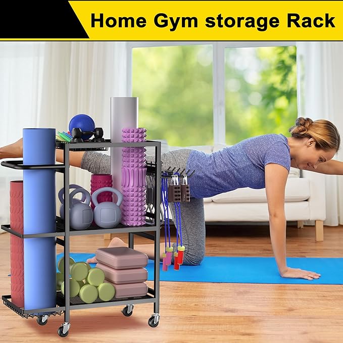 Home Gym Storage Rack, 3 Tier Yoga Mat Storage Rack with Wheel for Yoga Lover, Exercise Equipment and Workout Equipment Organizer, Yoga Mat Holder for Yoga Mats, Foam Roller and Dumbbells
