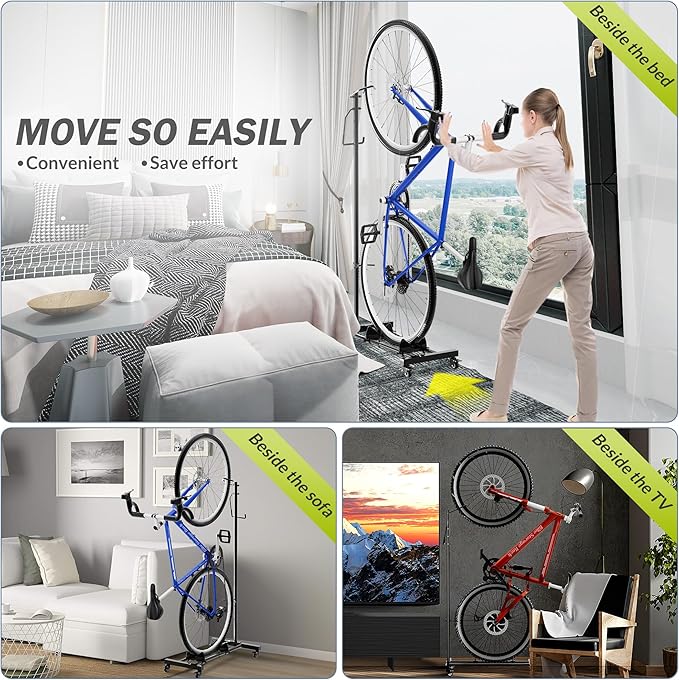 Vertical Bike Parking Stand - Adjustable Height for 29"Wheels, Space-Saving & Freestanding Bike Rack for MTB/Road Bikes,No-Drill Installation Indoor Bike Storage for Apartments & Garages