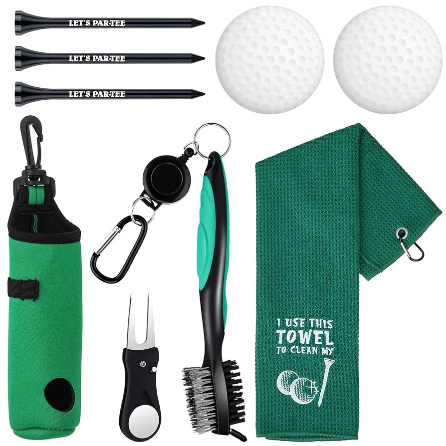 9 Pcs Golf Accessories Kit Golf Club Cleaning Kit Include Microfiber Towel, Cleaner Brush, Ball and Tee Holder, Divot Repair Tool, Ball Bag with Hook for Men Women Gifts