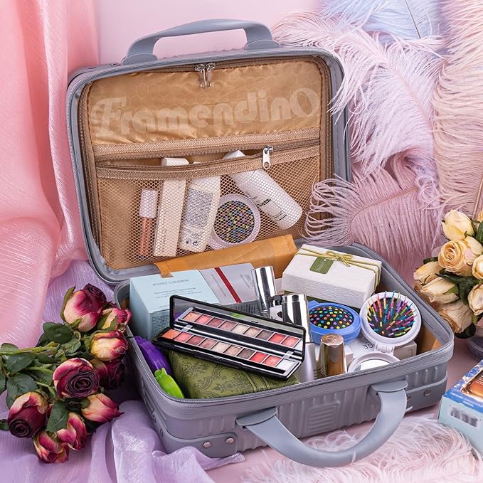 Framendino, Portable Hard Shell Cosmetic Organizer Bag Travel Case Hand Luggage With Elastic Band Silver