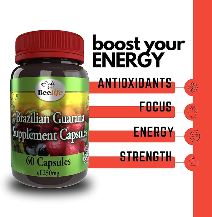 Beelife Brazilian Guarana Capsules - Natural Caffeine Supplements from Brazil - Energy & Mental Focus, Muscle Strength Support - Zero Gluten, No Sugar Pre Workout for Men & Women - 250mg 60 Caps