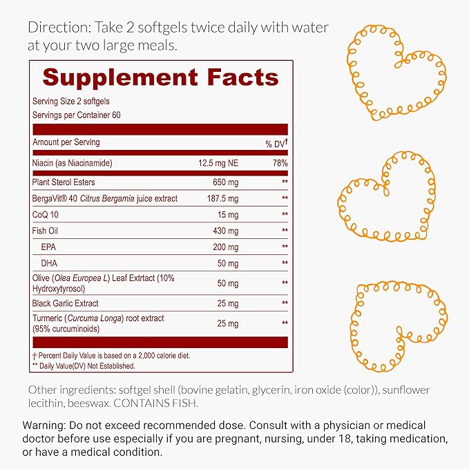 UpNourish Citrus Bergamot, Plant Sterols and Stanols Supplement, Support Heart Health with CoQ10, Omega 3, Olive Leaf Extract, Turmeric Curcumin, Black Garlic and Niacin - 120 Softgels