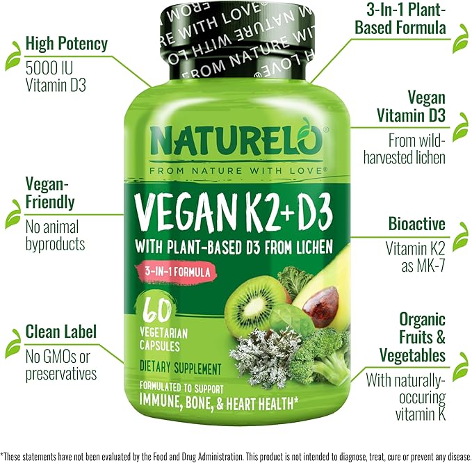 NATURELO Vitamin D3 K2 - Vegan K2+D3 with Plant Based D3 from Lichen - Natural D3 Supplement for Immune System, Bone Support, Heart Health - Whole Food - Non-GMO - Gluten Free, 60 Capsules