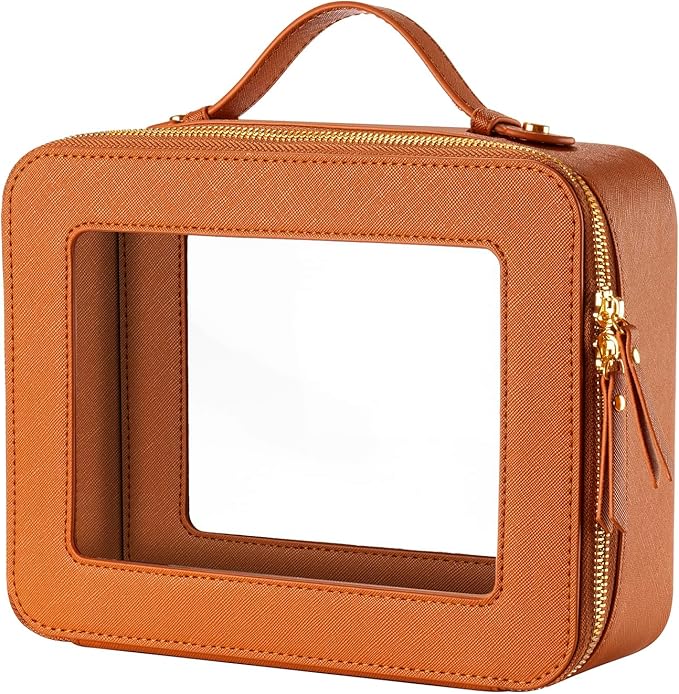 Keains Clear Makeup Bag for Women,Cosmetic Organizer Case Transparent Waterproof Travel Toiletry Bag with Zipper,Portable Make Up Organizer Traveling Compact Car Bag for Essentials(Orange brown)