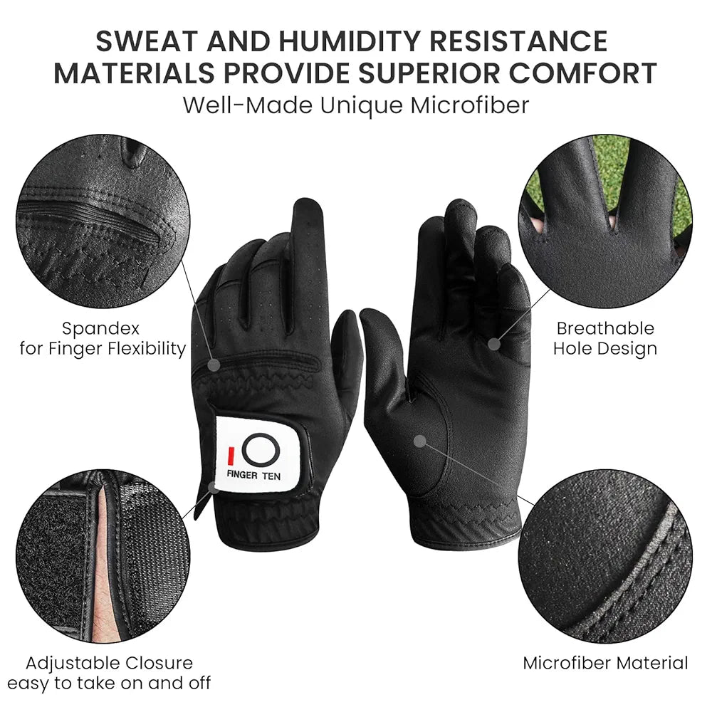 FINGER TEN Golf Gloves Men Left Hand Rain Grip Glove for Right Handed Golfer Value 3 Pack, All Weather Durable Grip Size Small Medium Large XL White Black Blue