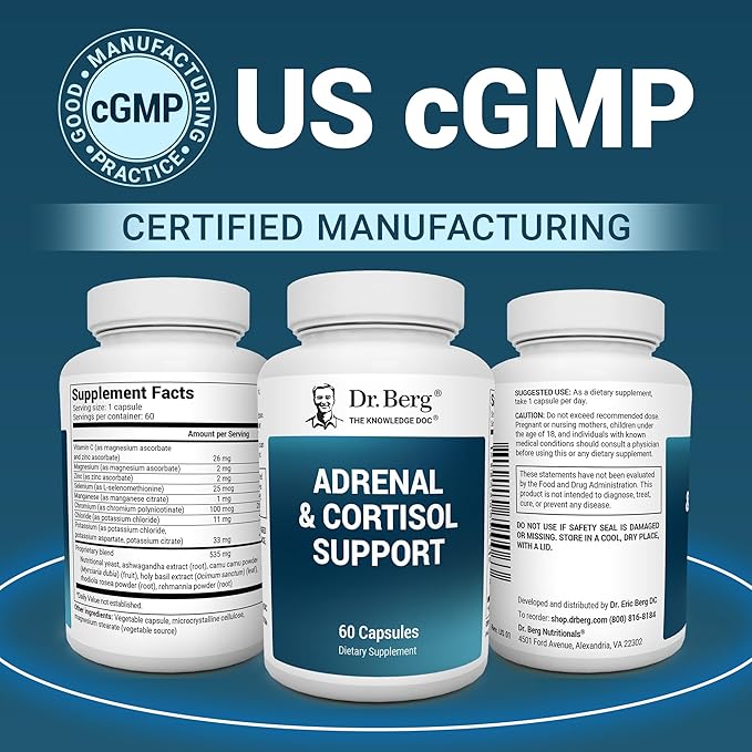 Dr. Berg Adrenal & Cortisol Supplement New Formula - Adrenal Supplement & Cortisol Manager for Mood, Focus and Stress Support - Adrenal Supplements with Ashwagandha Extracts - 60 Capsules 3 Pack