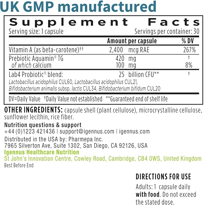 Live Cultures+ Lab4 Probiotics & Prebiotic, Lactobacillus Acidophilus & Bifidobacterium, Guaranteed 25 Billion CFU,Vegan, Non-Bloating Gut Health Support, Non-GMO, 6 x 30 Capsules, by Igennus
