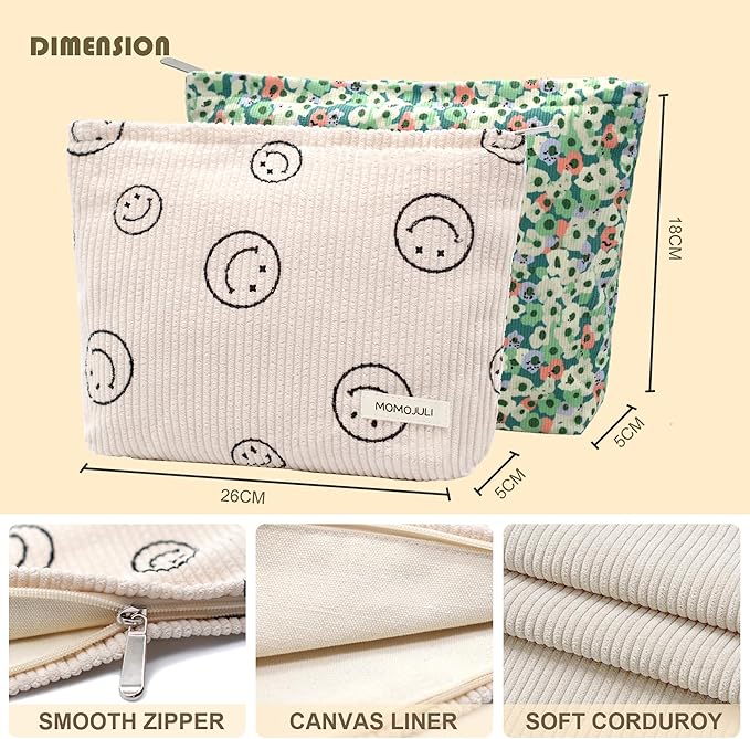 Corduroy Makeup Bag Cosmestic Bag Large Capacity Ladies Women Aesthetic Make Up Organizer Accessories Zipper Pouch Purse Green Flower+Beige