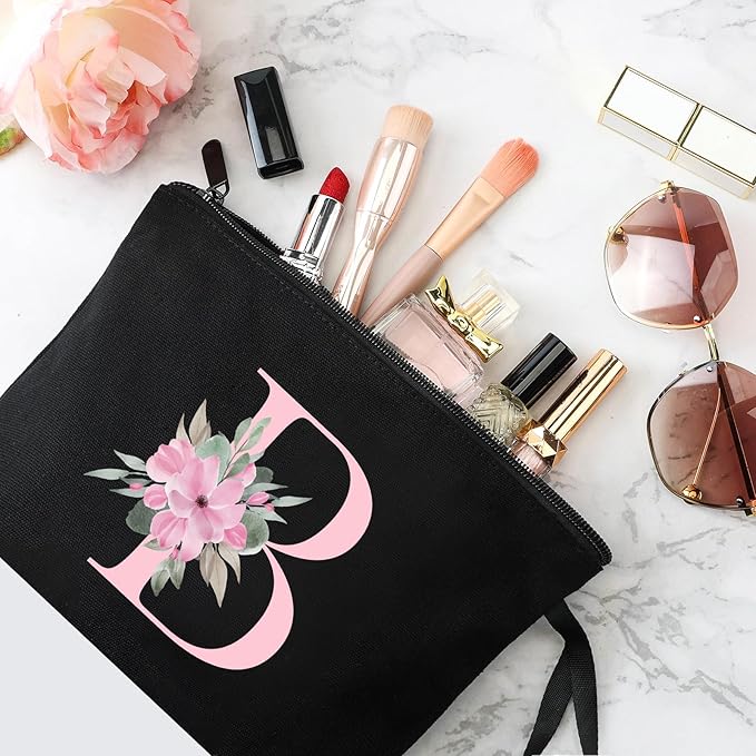 Vavabox A-Z Personalized Makeup Bag, Birthday Gifts for Women Mom, Gifts for Best Friend, Bride Bridesmaid Cosmetic bag (B, Black)