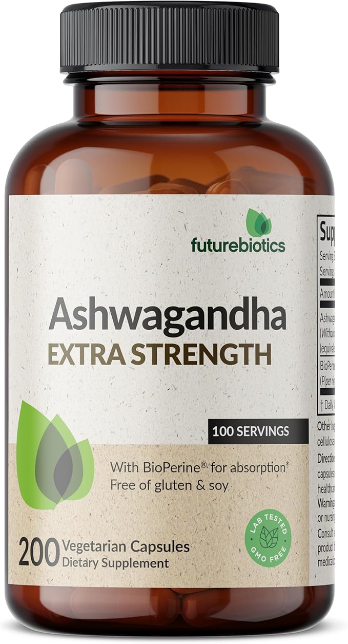 Futurebiotics Ashwagandha Extra Strength Stress & Mood Support with BioPerine - Non GMO Formula, 200 Vegetarian Capsules