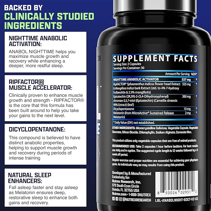 Anabol PM Nighttime Muscle Builder & Sleep Aid | Anabolic Muscle Building Supplement | Clinically Researched RIPFACTOR, Epicatechin & More | Post Workout Muscle Recovery & Strength β 60 Pills