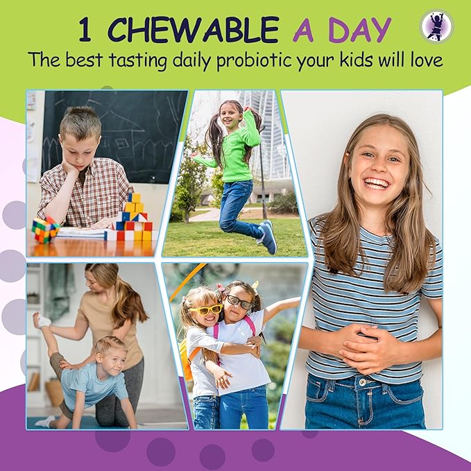 Kids Probiotic Supplement, Daily Support for Kid's Gut, Immune, Brain & Whole Body Health, 15 Strains 5 Billion CFU, Organic Prebiotic Apple Fiber, 30 Chewable Mixed Berry Flavor (2 Pack)