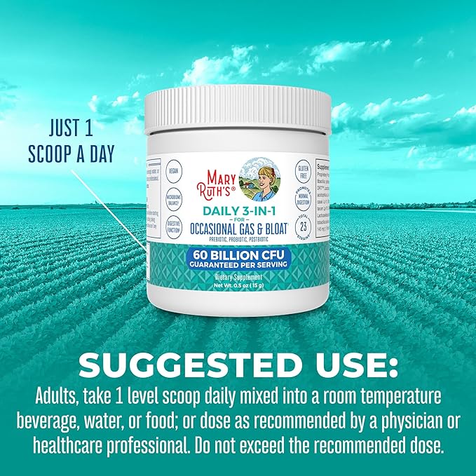 MaryRuth Organics 3-in-1 Gas & Bloat Probiotics | Probiotics for Normal Digestive Function | Probiotics for Women & Men | Prebiotics & Postbiotics | 60 Billion CFU | Shelf Stable | 0.5 oz