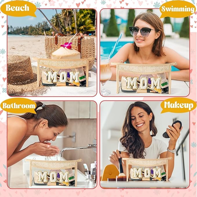 Mother's Day Cosmetic Bag - Summer Boho Patch MOM Chenille Varsity Letter Toiletry Kit Beige Clear Waterproof Travel Makeup Bag PVC Zipper Clutch Daily Use Purse Gift for Mom Women Ladies