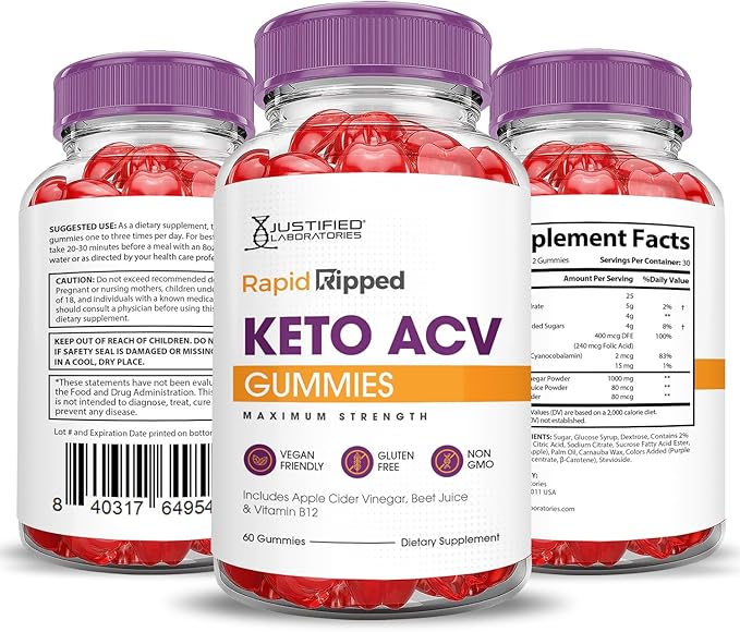 Rapid Ripped Keto ACV Gummies Advanced Formula 1000MG Rapidripped Keto Gummies Apple Cider Vinegar Formulated with Pomegranate Beet Juice Powder B12 Vegan Non GMO 60 Gummys