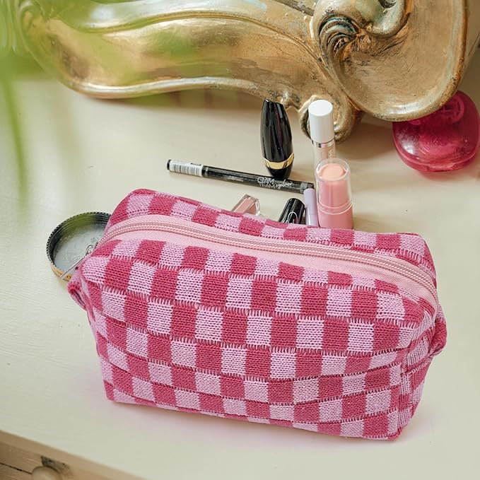 Small Cute Checkered Makeup Bag - Portable Cosmetic Pouch with Zipper, Travel Toiletry Bag, Purse Organizer, Beauty Storage, Pink