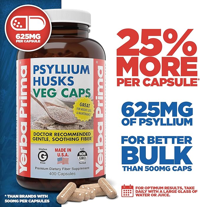 Yerba Prima Psyllium Husks Veg Caps, 400 Capsules (625mg) (Pack of 2) - Vegan, Non-GMO, Gluten Free, Colon Cleanser, Daily Fiber Supplement for Gut Health & Regularity
