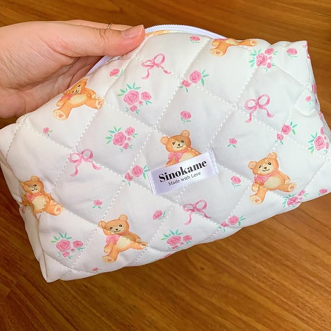 Cute Quilted Makeup Bag Pencil Pouch, Handmade Bow Floral Aesthetic Cosmetic Pencil Case Toiletry Brushes Organizer Bag for Women, Bear Core