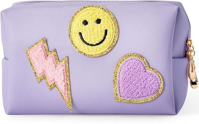 LieToi Preppy Patch Small Toiletry Bag, Smile Lightning Heart PU Leather Portable Waterproof Makeup Cosmetic Bag Daily Use Storage Purse Travel Organizer Compliant Bag for Women Girls (Taro Purple)