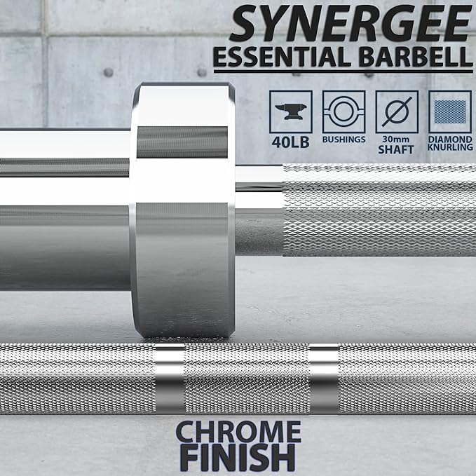Synergee Essential 40lb Chrome Olympic Barbell. Great for Weightlifting