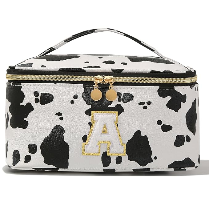 KITENROM Initial Makeup Bag Monogram Travel Pouch Extral Large Cosmetic Bag Cute Cow Print Personalized Makeup Organizer Toilitery Case for Women with Removable Divider Letter A