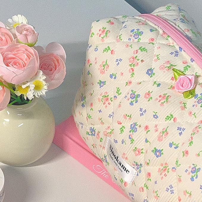 Quilted Coquette Travel Makeup Bag, Large Capacity Puffy Cotton Cosmetic Bag Toiletry Organizer for Women Reusable Washable Aesthetic Floral Pouches Handmade,Floralwhisper