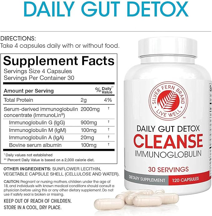 Silver Fern Cleanse - Daily Gut Detox - 1 Bottle - 120 Capsules - 30 Day Supply - Immunoglobulin G, A & M -(IgG, IGA, IgM) - Postbiotic