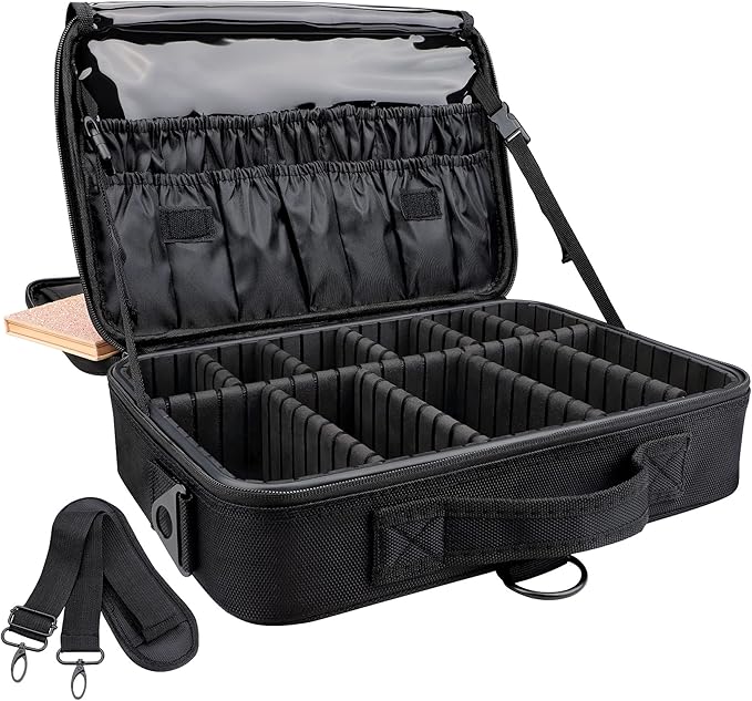 JOURMON Travel Makeup Case 3 Layers Makeup Train Case Portable Makeup Bag Organizer Portable Artist Storage Bag with Adjustable Dividers and Shoulder Strap(Black, M)
