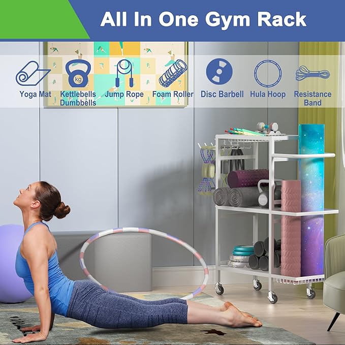 Home Gym Storage Rack, 3 Tier Yoga Mat Storage Rack with Wheel for Yoga Lover, Exercise Equipment and Workout Equipment Organizer, Yoga Mat Holder for Yoga Mats, Foam Roller and Dumbbells