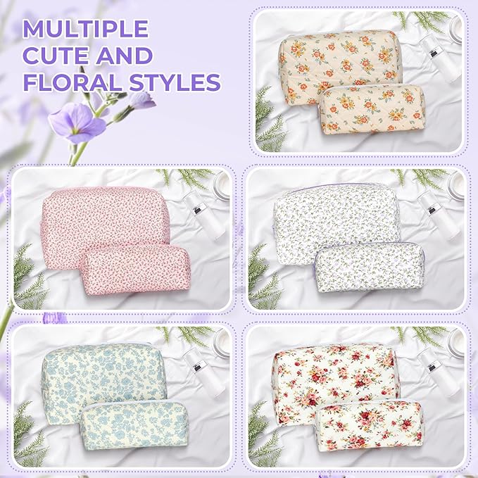 Quilted Makeup Bag Set,Large Floral Cosmetic Pouch For Women,Cute Cotton Brushes Storage Travel Toiletry Organizer Bags(Purple Floral)