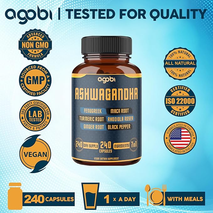 240 Capsules - 8 Month Supply - 7in1 Ashwagandha 8050mg - Combined with Fenugreek, Maca, Turmeric, Rhodiola, Ginger, and Black Pepper - Mood, Strength, Spirit and Energy Support Supplement