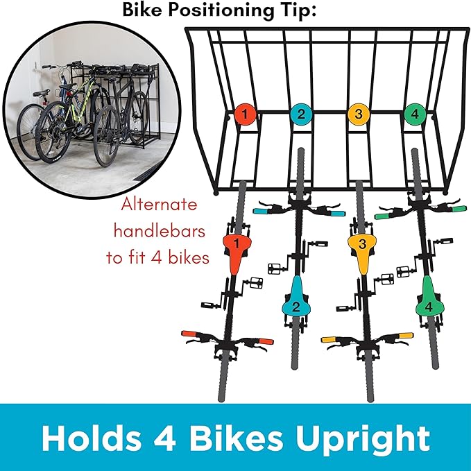 BIRDROCK HOME Bike Rack Garage Storage Floor Stand - Freestanding Organizer for Outdoor Yard - Upright Wall Mount for Scooters, Rakes, Motorcycles, Hoverboards, Gloves - Holds 4 Bicycle - Black