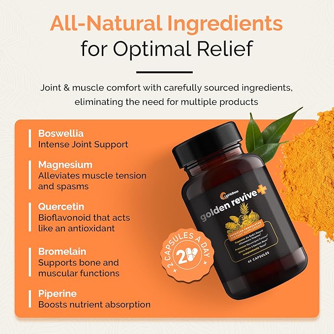 Golden Revive + Joint Support Supplement Featuring Turmeric with Black Pepper, Quercetin, and Magnesium- Turmeric Black Pepper Supplement - 6 Active Ingredients - 60 Capsules, 5 Pack