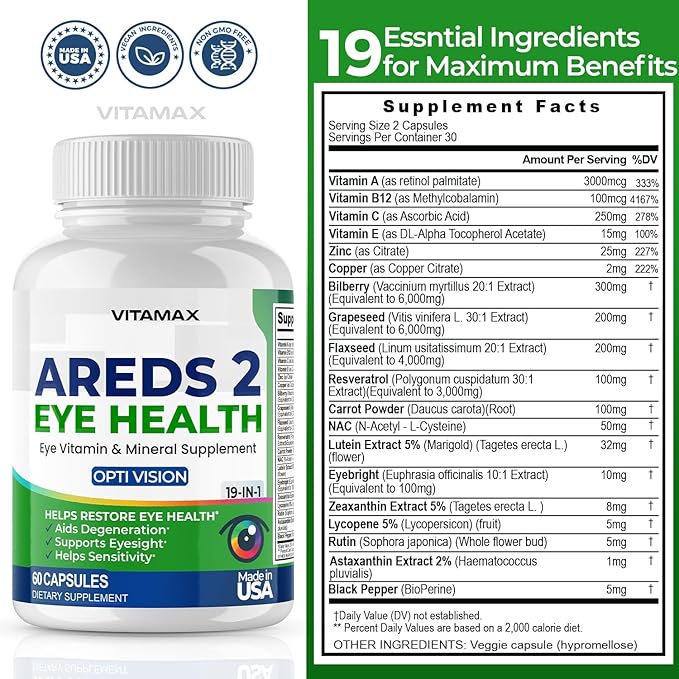 AREDS 2 Eye Vitamins - Lutein, Zeaxanthin, Bilberry, Astaxanthin Mineral Vision Supplement - Supports Eye Strain, Dry Eyes, Pressure, and Vision Health - Made in USA (60ct (Pack of 1))