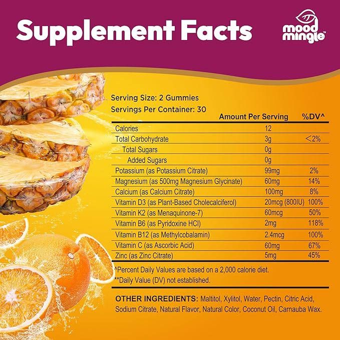 MoodMingle Potassium Magnesium Glycinate Supplement Gummies - High Absorption Potassium Chews - with Calcium Vitamins B6 B12 C D3 K2 Zinc - Vegan Sugar-Free Gluten Free for Kids Adults