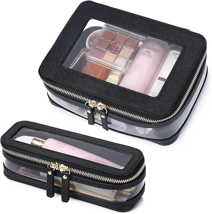 Travel Clear Makeup Bag with Brush Case TSA Approved Toiletry Bag Waterproof Cosmetic Organizer Car Essential for Women (Black, M+SLIM)
