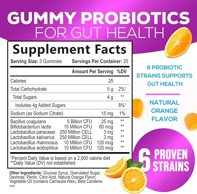 Probiotic Gummies for Women, Men & Teens - 5 Billion CFUs, 6 Probiotic Strains, Orange Flavor - Daily Probiotic Gummy Supplements for Natural Digestive Health, “Good” Gut & Immune Support - 60 Count