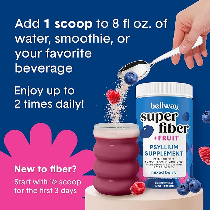 Bellway Super Fiber Powder + Fruit (3 Pack), Sugar Free Organic Psyllium Husk Powder Fiber Supplement for Regularity, Bloating Relief & Gut Health, Non-GMO, Plant-Based, Mixed Berry (150 Servings)