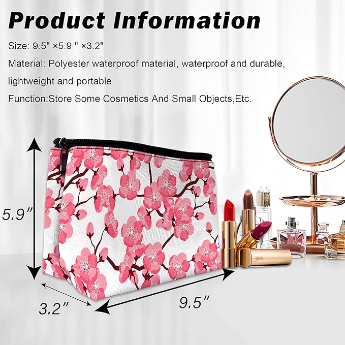 Cherry Blossom Makeup Bag for Purse, Waterproof Funny Japanese Pink Sakura Cosmetic Bag for Women, Zipper Travel Pouch Gift 9.5×5.9 Inch