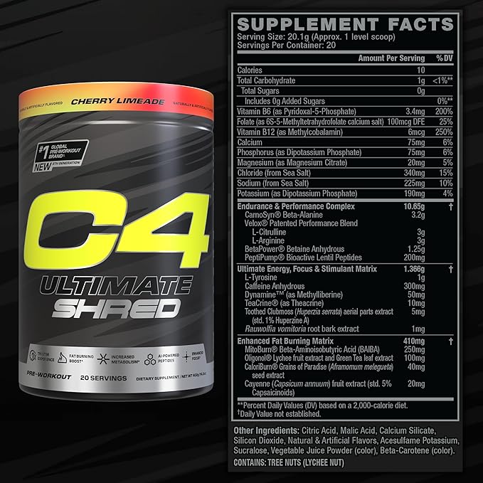 Cellucor C4 Ultimate Shred Pre Workout Powder, Metabolism Supplement with Cayenne Extract+300mg Caffeine+TeaCrine+Dynamine - Cherry Limeade, 20 Servings