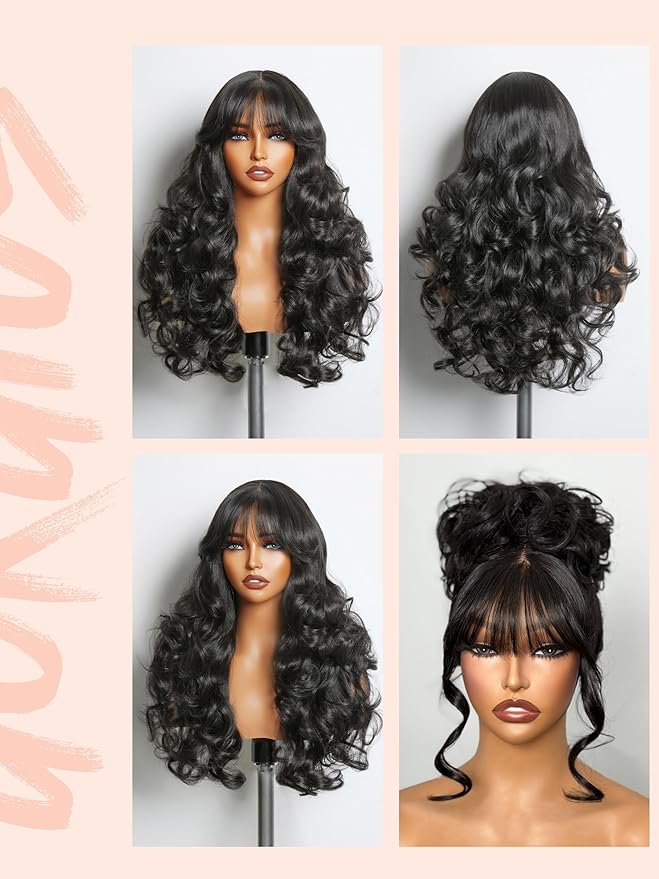 GORGIUS Glueless Wavy Wig with Bangs Natural Black Synthetic Curtain Bang Wig with Realistic Scalp 22 Inch