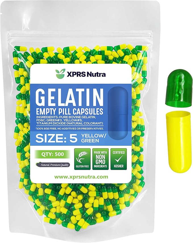 XPRS Nutra Size 5 Empty Capsules - 500 Count Very Small Empty Gelatin Capsules - Empty Pill Capsules - DIY Capsule Filling - Fillable Pill Capsules Empty Gel Caps (Green/Yellow)