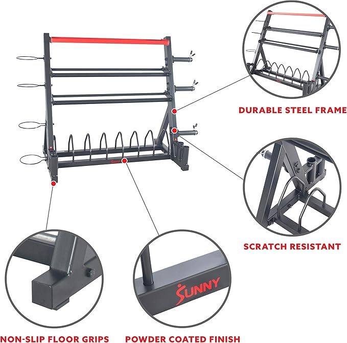 Sunny Health & Fitness Multi-Weight Storage Rack Stand for Dumbbells, Kettlebells, Olympic Weight Plates, Barbell, Medicine Ball