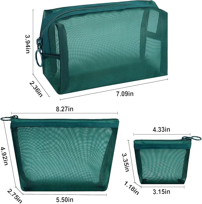 Aosbos 3-Pack Mesh Cosmetic Bag Set - Travel/On-The-Go Makeup Storage, Zipper Closure Small Pouch